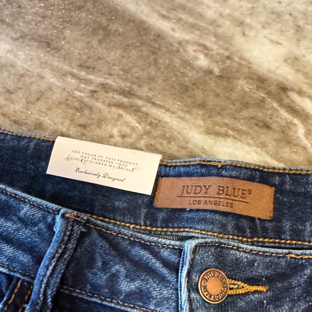 Judy Blue Dark Blue Distressed Frayed Hem Jean Shorts - Picture 3 of 5